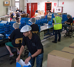 Un grupo de personas que trabajan en una nave industrial montan cajas de cartón. 